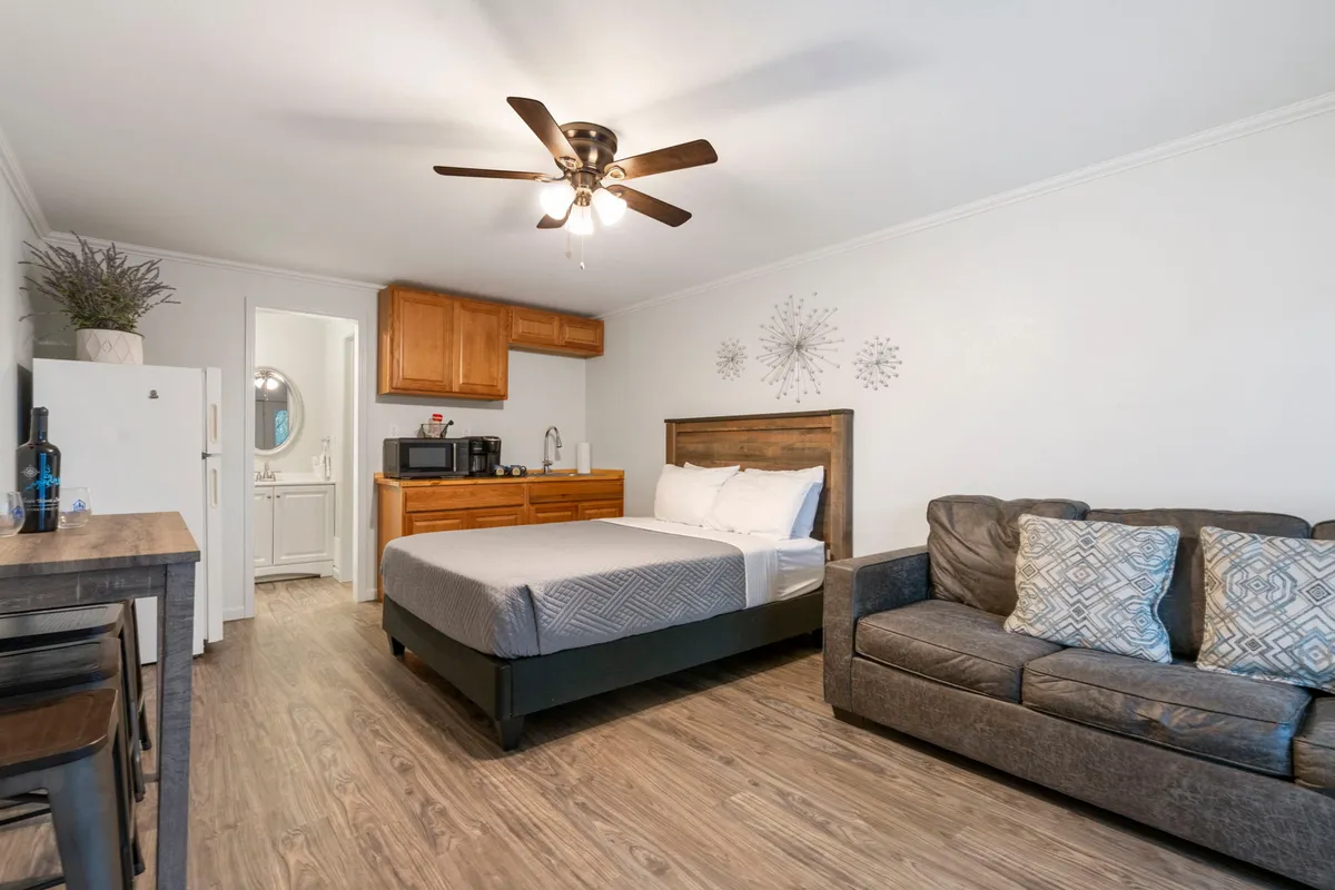 A wide-angle shot of the studio interior featuring the queen bed, a comfortable sofa, the kitchenette, and attractive decorative wall art. The layout is open and inviting, ideal for both relaxation and socializing.